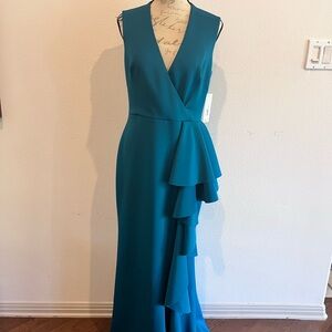 Eliza J Peacock Color Sleeveless Ruffle Stretch Satin Gown New With Tag Size 12